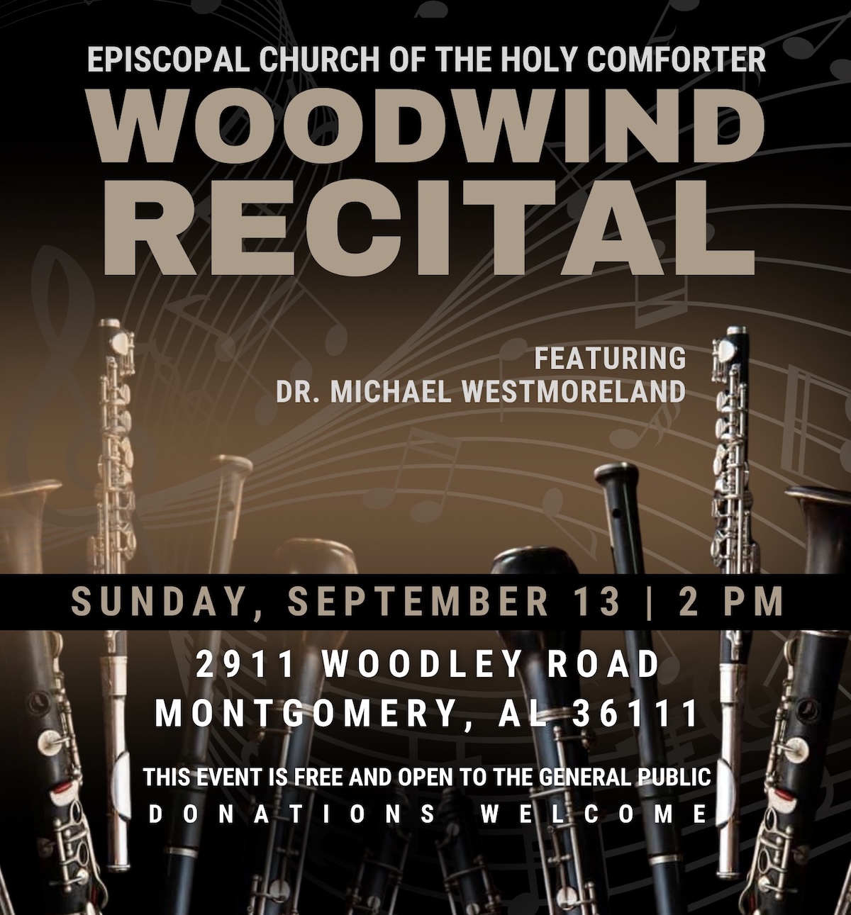 A poster advertising the Woodwind Recital concert at Holy Comforter on Sunday, September 13, 2026.